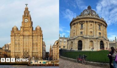 Composite of Liver building in Liverpool and Oxford University's circular library.