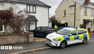 A police car, partially parked on the pavement, outside a white-painted, semi-detached house with black trim on the windows. There is a grey sports car parked on the gravel drive in front of the house, where a police officer in a hi-vis yellow jacket stands, with his arms crossed