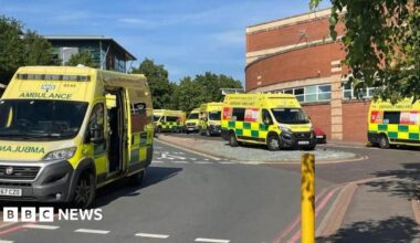 Six ambulances outside a hospital building. The vehicles are all mainly yellow with green rectangle patterns on. The hospital building is red brick and the lower part has a curved shape.