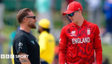 England white-ball captain Harry Brook and coach Brendon McCullum in conversation at the T20 World Cup