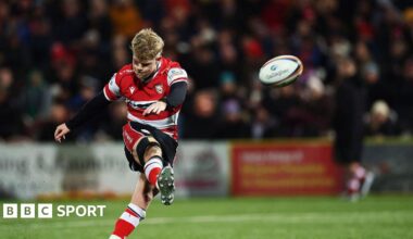George Barton kicks a conversion for Gloucester Rugby.