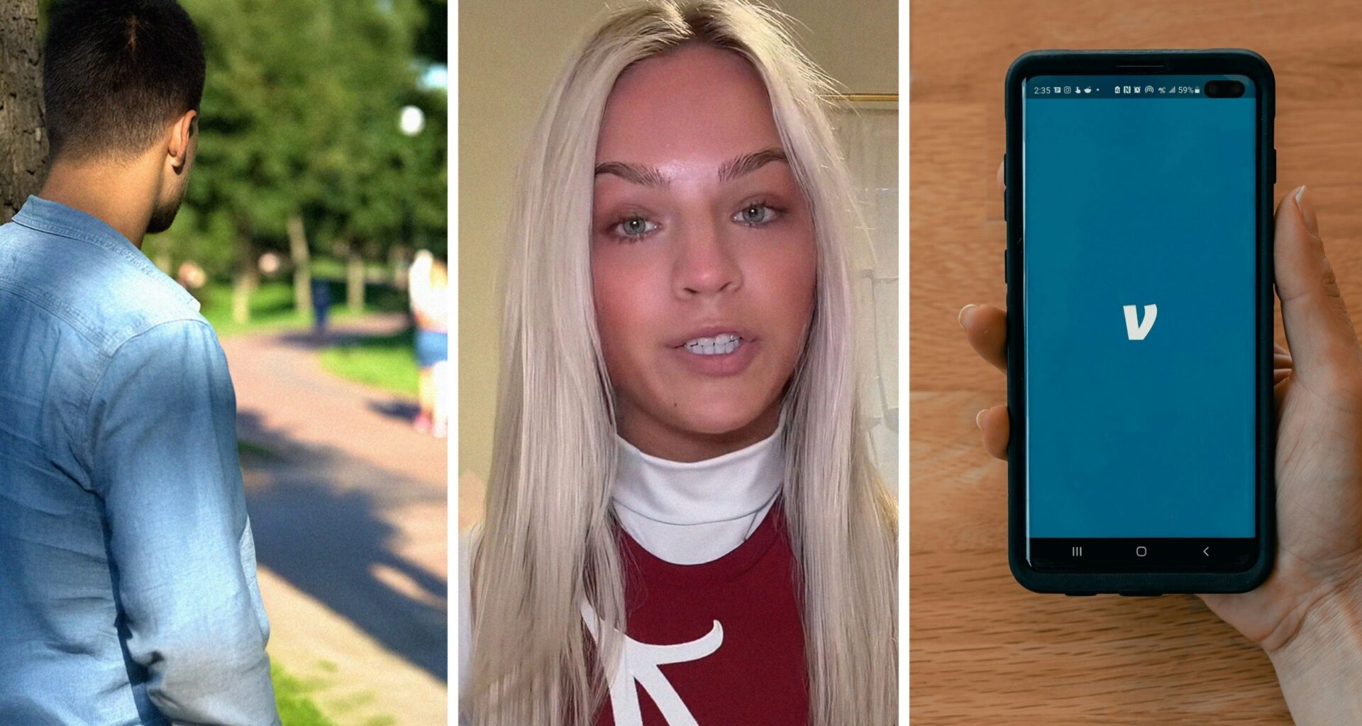 man spying on woman (l) woman shares creepy guy experience (c) Venmo app (r)
