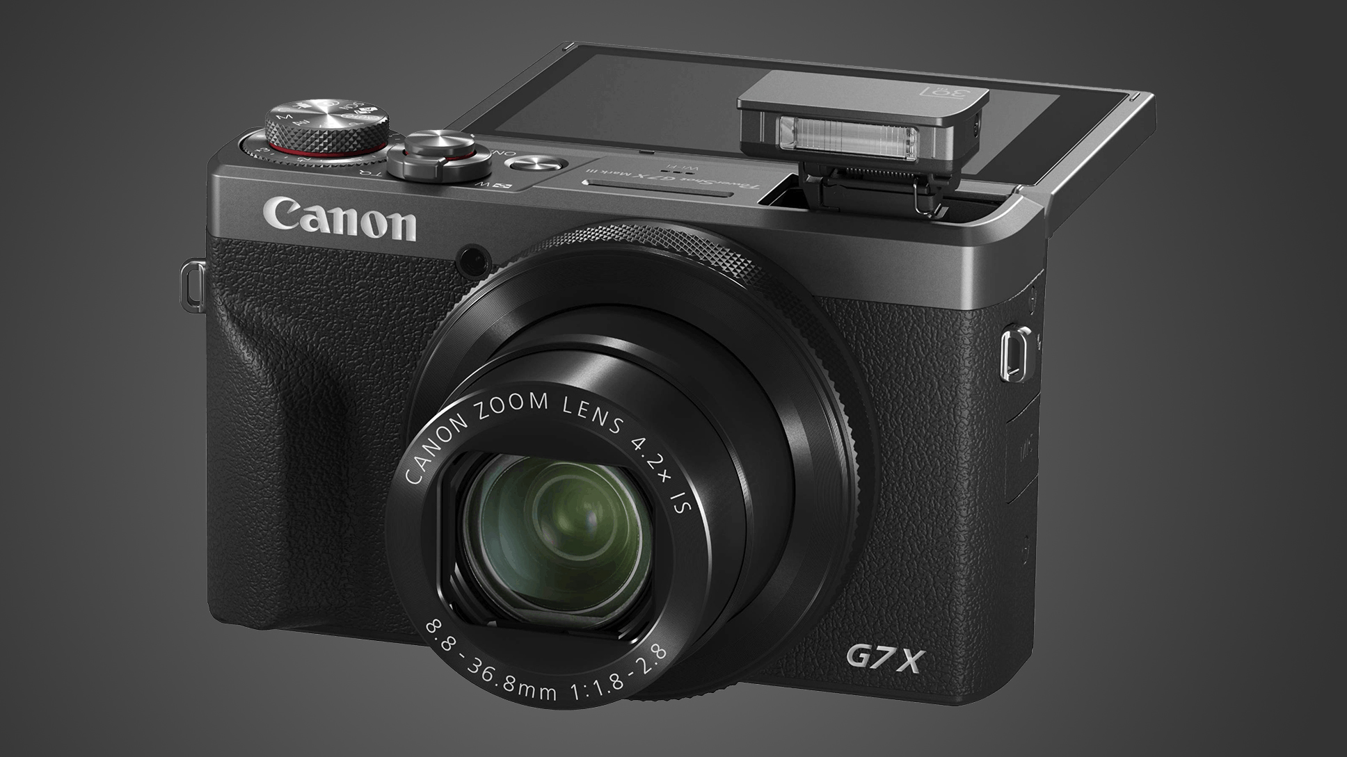 The Canon PowerShot G7 X Mark III special edition in graphite on a dark background