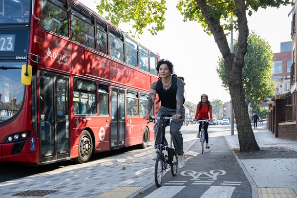 Cyclist on cycle lane, London