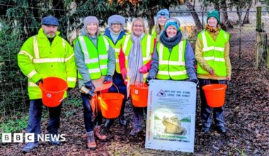 A group of people in yellow high vis jackets in a wooded area. They are holding orange buckets and holding a toad based sign.