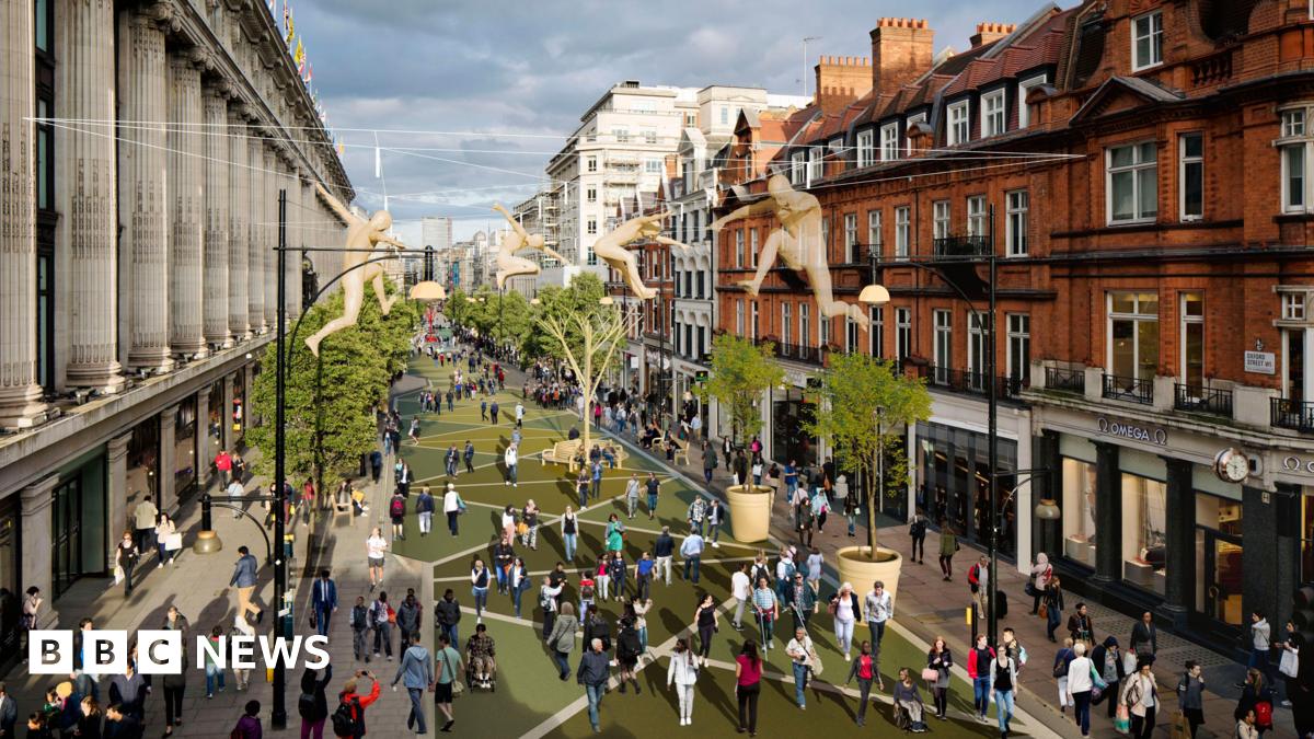 CGI of Oxford Street shows pedestrians walking on green pavement with trees and artwork above