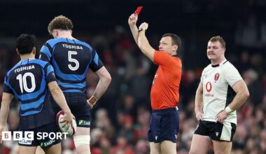 Referee Matthew Carley shows a red card against Wales