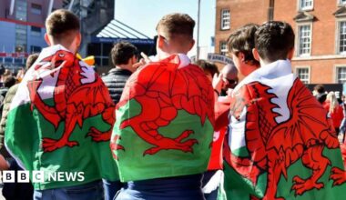 Welsh fans with flags wrapped around them stood in front of the Stadium which can be seen in the background of the image.