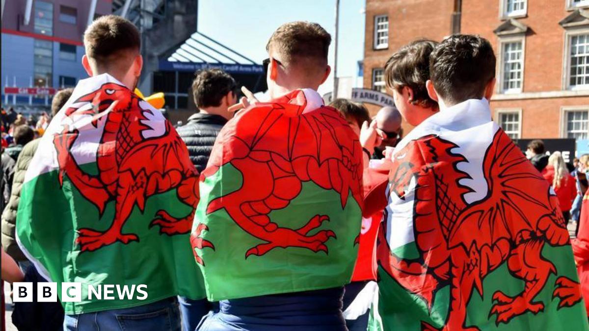 Welsh fans with flags wrapped around them stood in front of the Stadium which can be seen in the background of the image.
