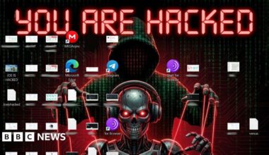 BBC reporter's laptop wallpaper reads "you are hacked" with an image of a robot skull