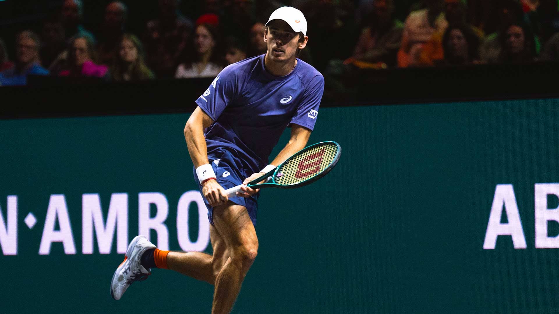 Alex de Minaur in action in Rotterdam in 2025.