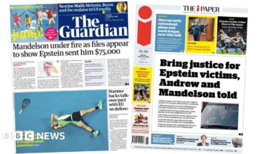 "Second woman's sex claims: Epstein flew me to Andrew at Royal Lodge," reads the headline on the front page of the Daily Mirror.