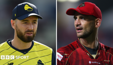 James Vince in Hampshire Hawks kit and Alex Hales in Trinbago Knight Riders shirt and cap