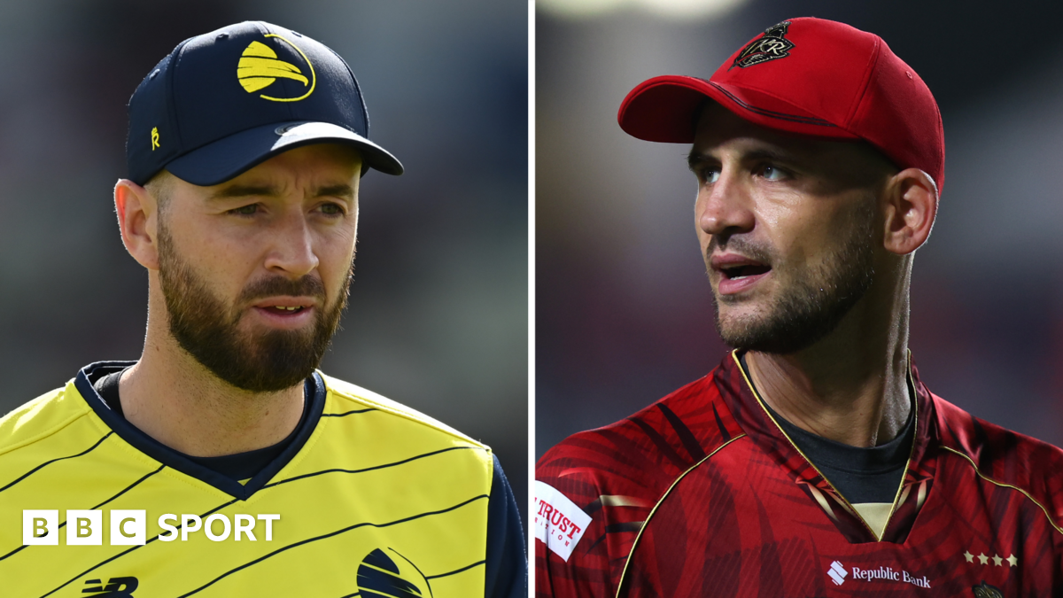 James Vince in Hampshire Hawks kit and Alex Hales in Trinbago Knight Riders shirt and cap