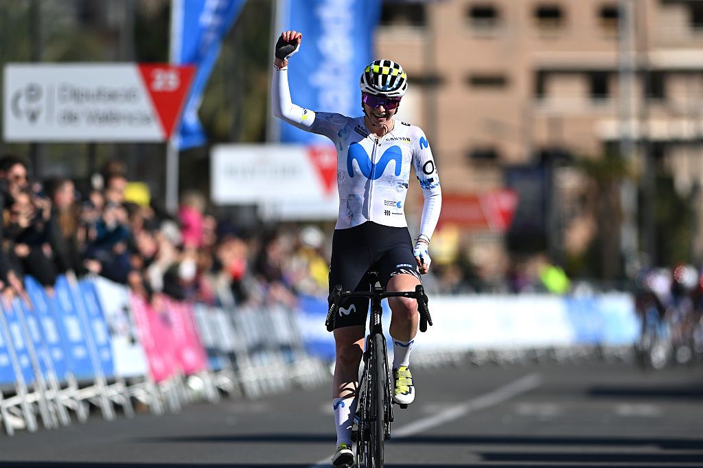 VALENCIA, SPAIN - FEBRUARY 08: Liane Lippert of Germany and Team Movistar celebrates at finish line as race winner during the 8th VCV Feminas Gran Premio Tuawa 2026 a 94.7km one day race from Betera to Valencia on February 08, 2026 in Valencia, Spain. (Photo by Szymon Gruchalski/Getty Images)