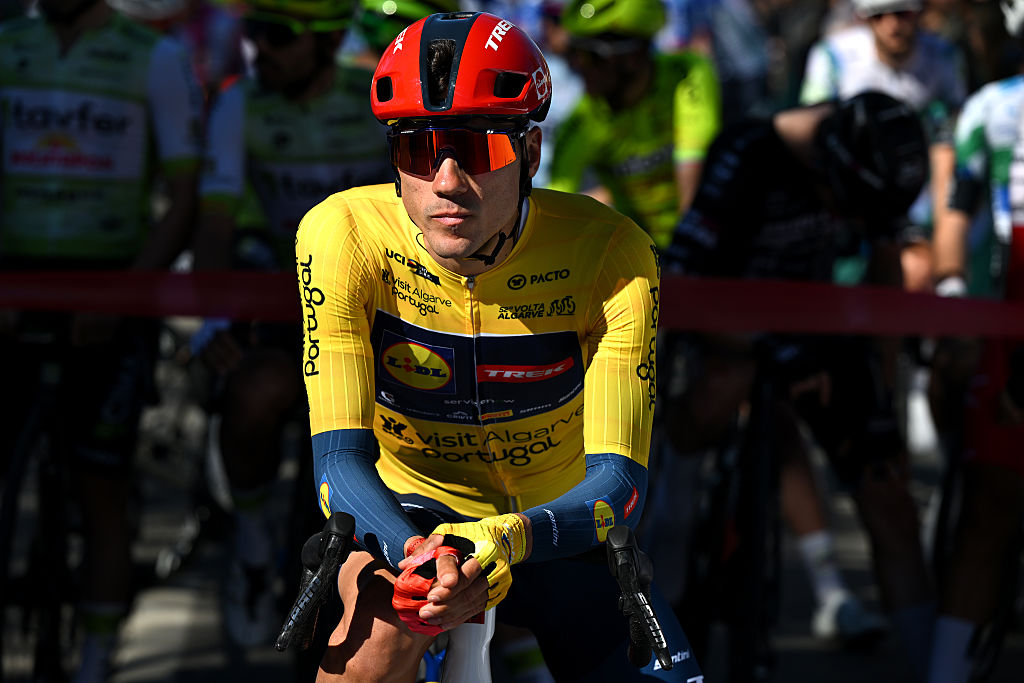 ALBUFEIRA, PORTUGAL - FEBRUARY 21: Juan Ayuso of Spain and Team Lidl - Trek - Yellow Leader Jersey prior to the 52nd Volta ao Algarve em Bicicleta 2026, Stage 4 a 175.1km stage from Albufeira to Lagos on February 21, 2026 in Albufeira, Portugal. (Photo by Dario Belingheri/Getty Images)