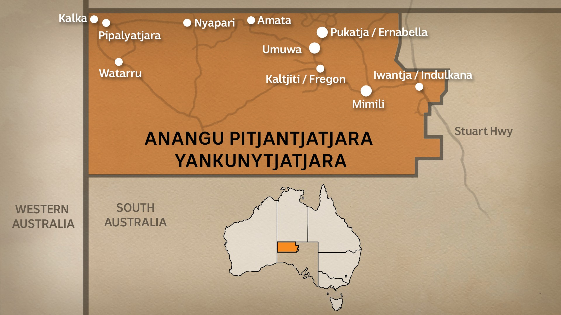 A map showing the top left corner of South Australia with 10 dots and place names.