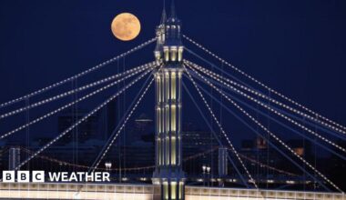 A full moon shines brightly against a navy blue sky. A pretty bridge with lights along it's support lines is below. Skyscrapers with their lights on can be seen in the distance.