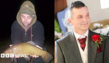Jonathan Collins, left, is shown holding a large fish at night-time wearing a black jacket with a green hood over a green cap. Neil Moon, right, is shown with short, dark hair wearing a grey wedding suit with a red tie, red pocket square and a red flower on his left lapel.