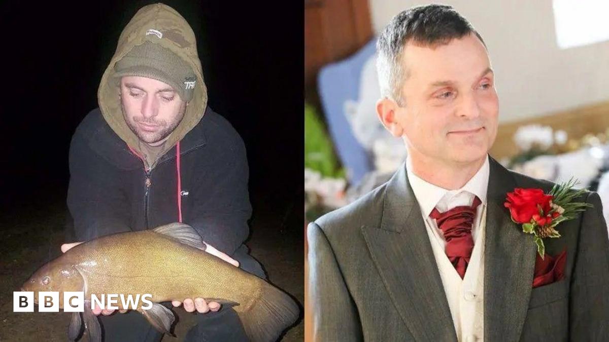 Jonathan Collins, left, is shown holding a large fish at night-time wearing a black jacket with a green hood over a green cap. Neil Moon, right, is shown with short, dark hair wearing a grey wedding suit with a red tie, red pocket square and a red flower on his left lapel.