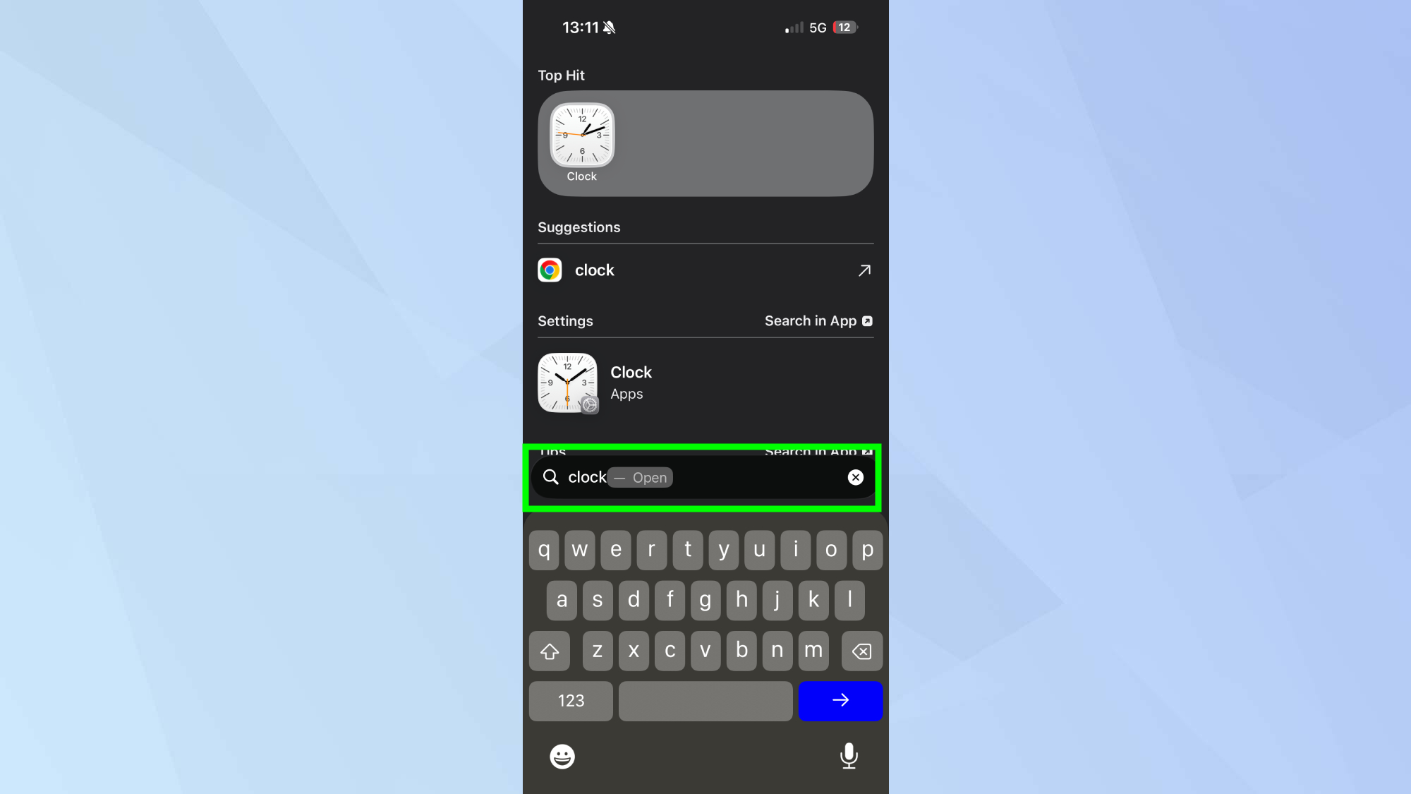 iPhone clock spotlight search