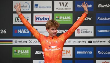 HULST, NETHERLANDS - FEBRUARY 01: Tibor Del Grosso of Netherlands celebrates at podium as silver medal winner during the 77th UCI Cyclo-Cross World Championships 2026 - Men&amp;apos;s Elite / #UCIWT / on February 01, 2026 in Hulst, Netherlands. (Photo by Luc Claessen/Getty Images)
