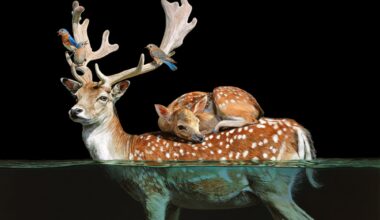 a painting of a deer half underwater with a small fawn curled up on its back by Lisa Ericson