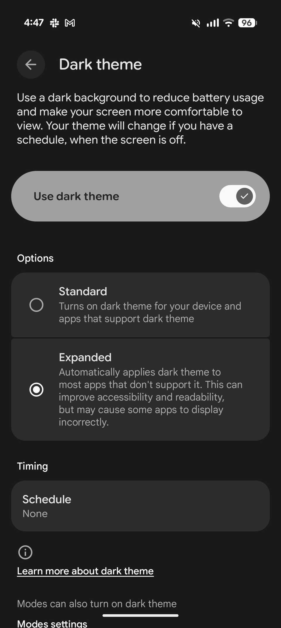 Android dark theme settings showing expanded mode enabled