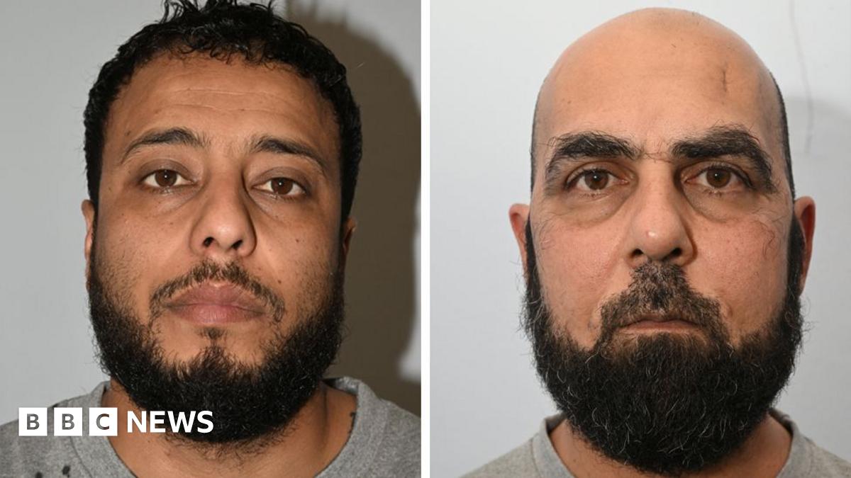 Police custody images of Walid Saadaoui and Amar Hussein, who are both wearing grey t-shirts. Walid Saadaoui has short dark hair and a dark beard. Hussein is bald and has a short dark beard