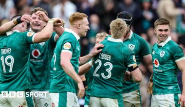 Ireland players celebrate during Saturday's Six Nations win over England