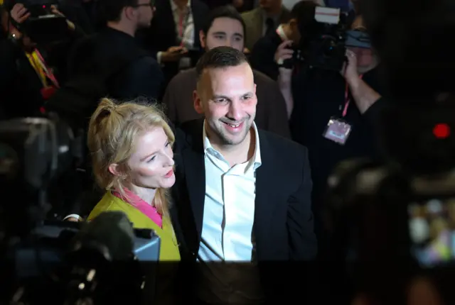 Green Party MP Hannah Spencer (L) and Green Party leader Zack Polanski (R) at the Gorton and Denton by-election in Manchester