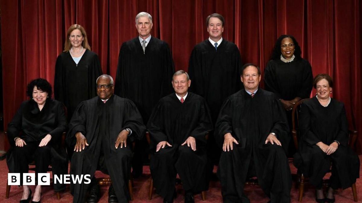 A graphic showing profile images of each justice and how they voted on the tariffs decisions. John Roberts, Neil Gorsuch, Amy Coney Barrett, Sonia Sotomayor, Elena Kagan and Ketanji Brown Jackson all voted against the tariffs. Clarence Thomas, Brett Kavanaugh and Samuel Alito were in favour