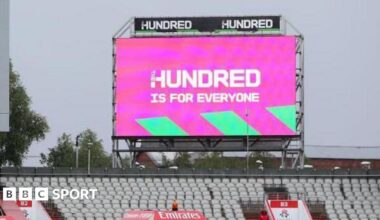 A screen at a match during The Hundred reads 'The Hundred is for everyone'