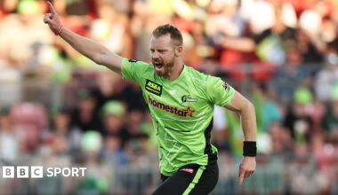 Nathan McAndrew celebrates taking a wicket for Sydney Thunder