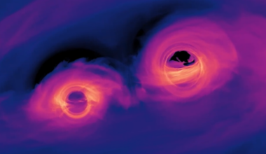 A screenshot from a simulation of colliding supermassive black holes