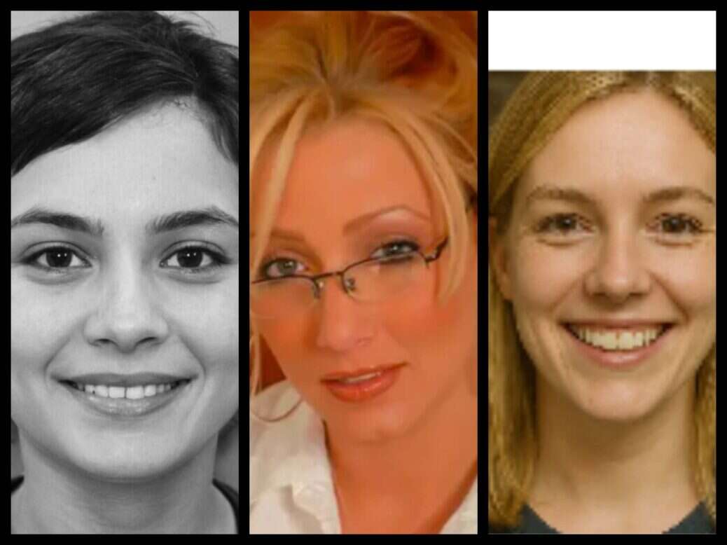 Faces of fakery (left to right): perfume writer Esme Gelder (AI generated byline pic and written work), sex expert (uses photo of porn actress with another name), travel expert Jessie Chambers (AI generated pic and articles).