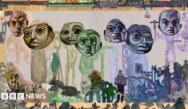 A piece of artwork which features seven faces in different colours as well as an array of items including pigeons