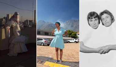A collage of three photos: left, a person in a white dress and veil stands on a rooftop; center, a woman in a blue dress poses outdoors with mountains behind her; right, two women’s heads and hands appear isolated on a white background.