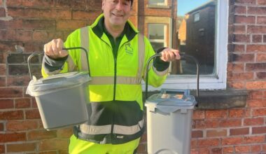 The new food waste bins as modelled by Nigel from the council's waste team