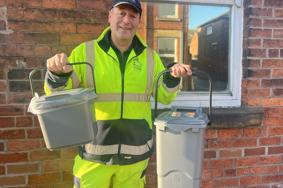 The new food waste bins as modelled by Nigel from the council's waste team