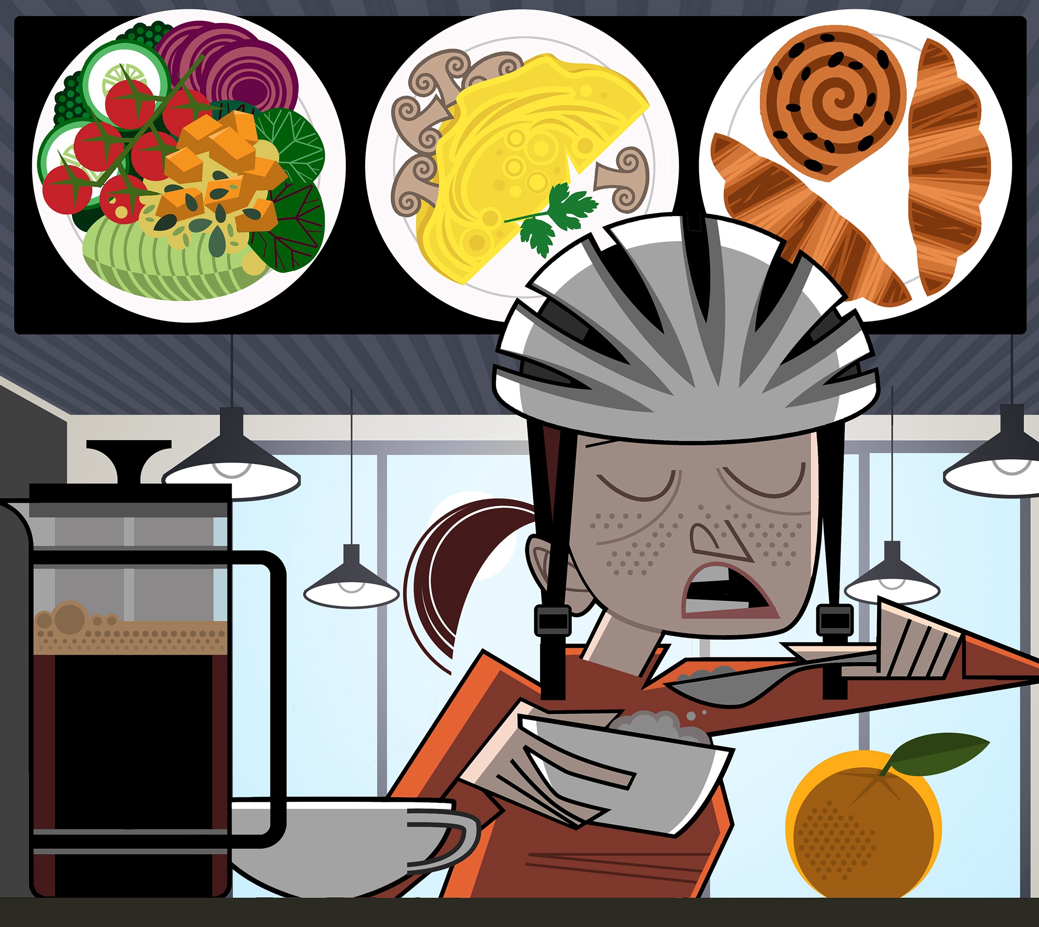 Illustration of rider surrounded by food thought-bubbles