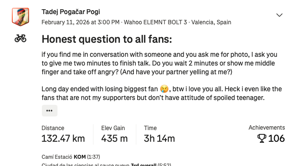 Tadej Pogacar strava activity in which he calls for respect from fans