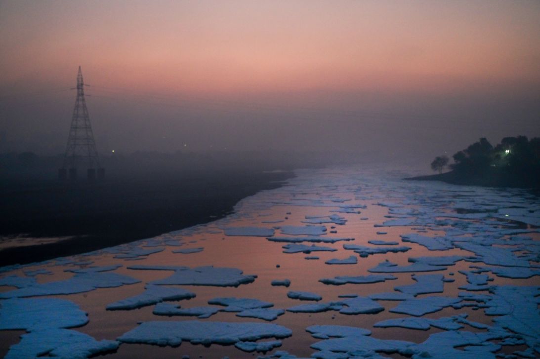 A morning view of the polluted Yamuna River on January 11, 2026 in New Delhi, India.