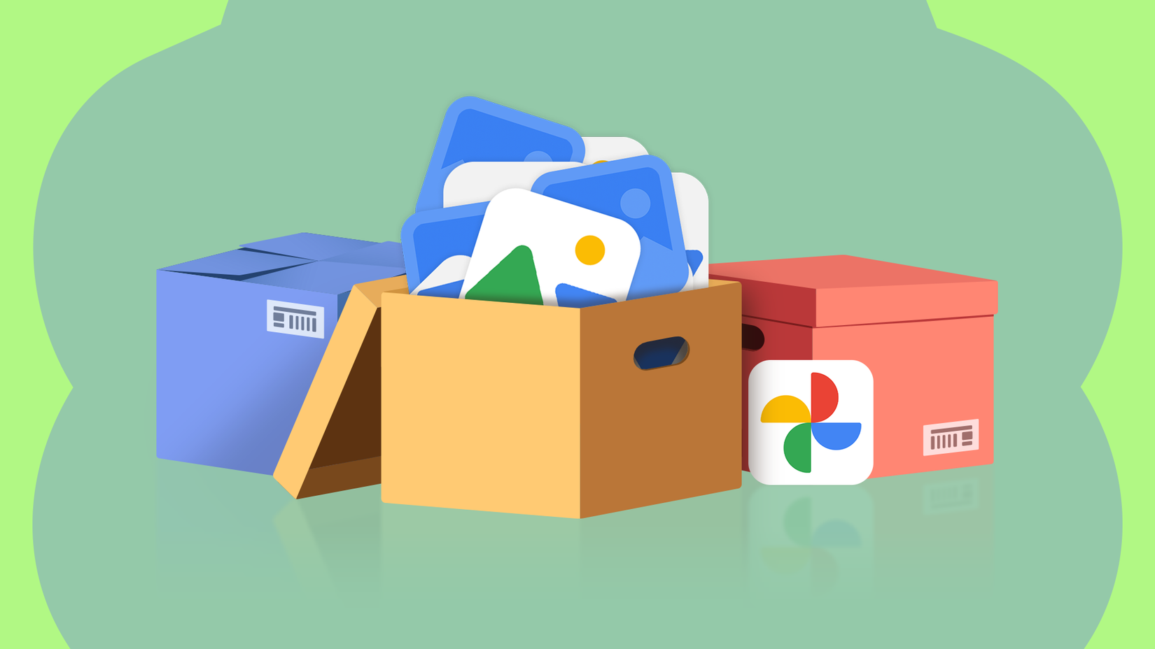 Illustration of cardboard boxes overflowing with photos next to the Google Photos logo.