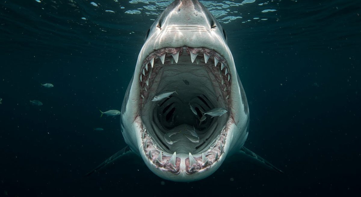 A dramatic underwater shot of a great white shark with open jaws, surrounded by small fish in the ocean.