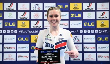 Picture by Olly Hassell/SWpix.com - 02/02/2026 - Cycling - 2026 UEC Track Elite European Championships - Konya Velodrome, Konya, T&uuml;rkiye - Women's Sprint Qualifying - Emma Finucane (Great Britain) after the Women's Sprint Qualifying 200m flying start setting a new world record of 9.759