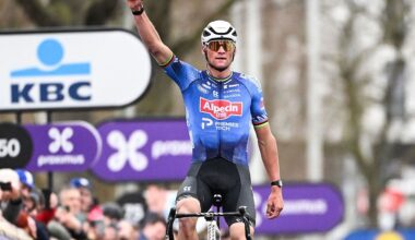 Netherlands' Mathieu van der Poel of Alpecin-Premier Tech celebrates as he wins the 81st edition of the men's one-day cycling race Omloop Het Nieuwsblad (UCI World Tour), the opening race of the Flemish one-day classics season, 207,6 km from Gent to Ninove on February 28, 2026. (Photo by MAARTEN STRAETEMANS / Belga / AFP) / Belgium OUT