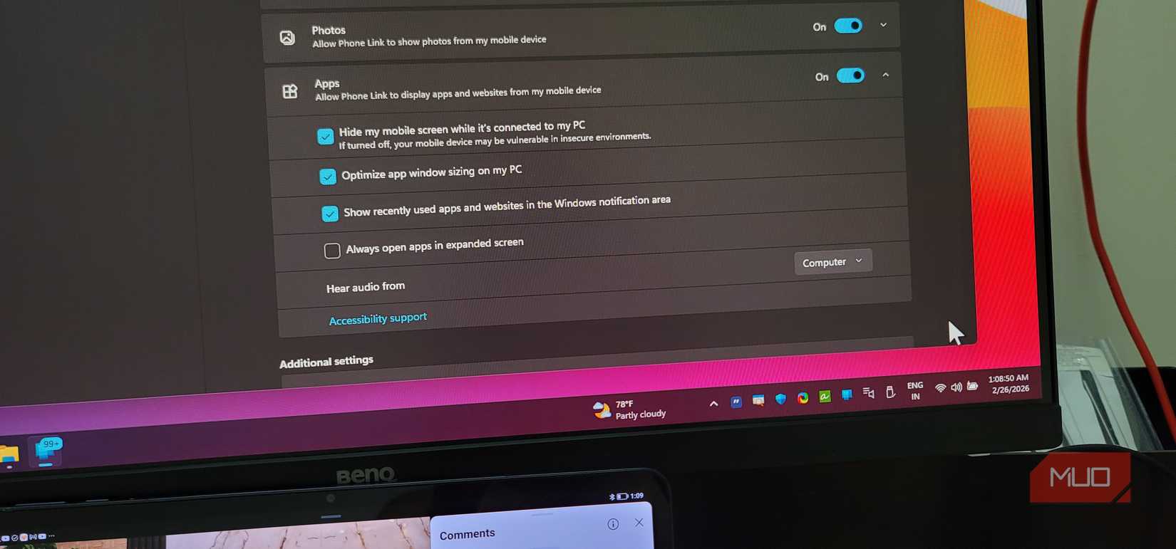 Hear audio from option set to PC on the Phone Link on Windows 11