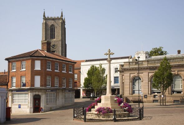 Historic buildings in the market town of Fakenham, north Norfolk, England