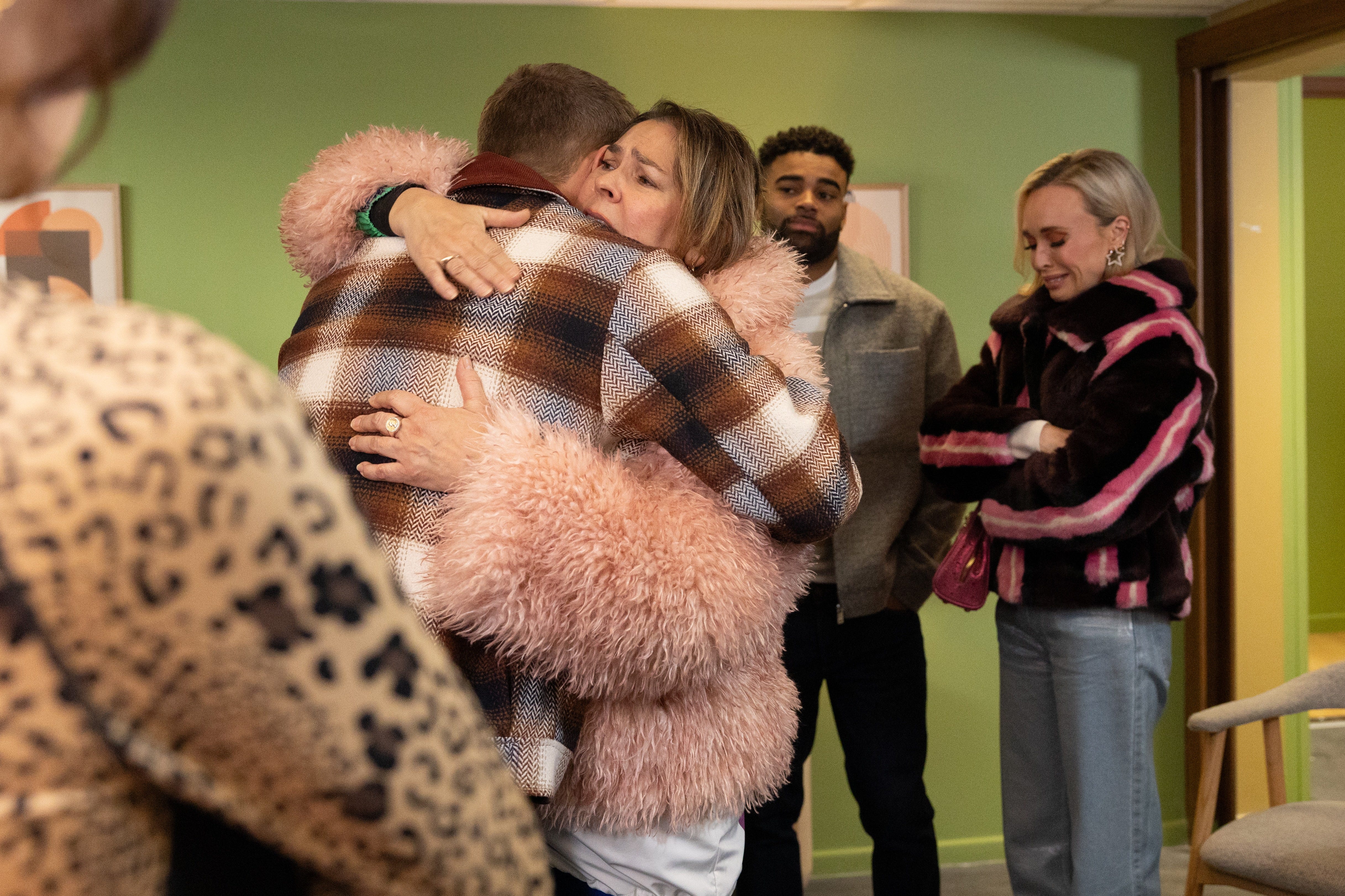 embargo 17022026 john paul mcqueen, myra mcqueen, prince mcqueen and theresa mcqueen in hollyoaks
